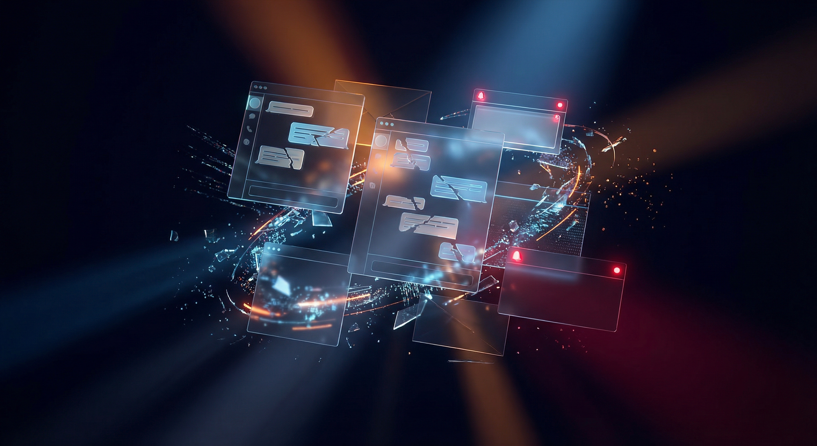 Fragmented customer support systems represented as overlapping interfaces